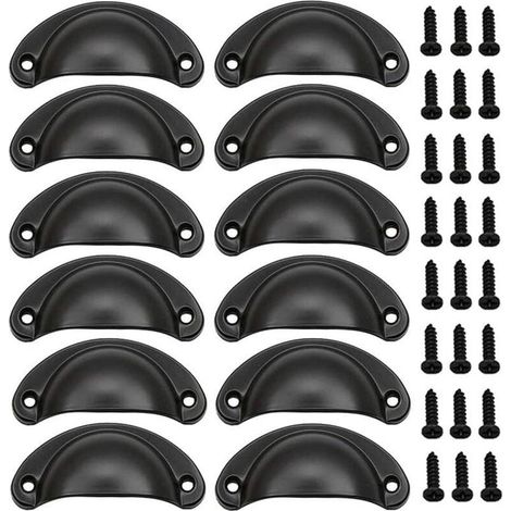 12 PCS Poignée de Porte Coquille Rétro 82mm Poignée pour Meuble Tiroir Vintage avec Vis Noir (1/5)