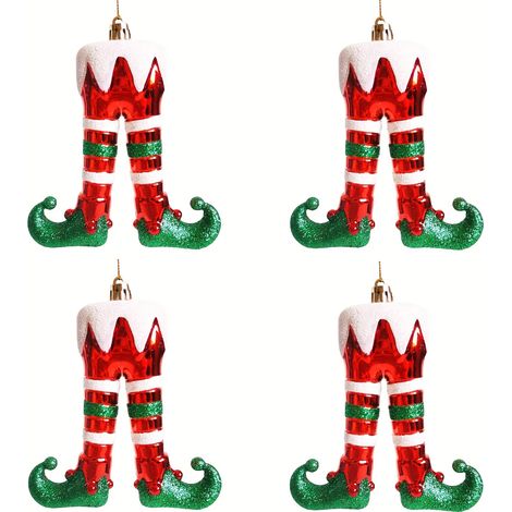 Lot de 4 décorations de Noël en forme de jambes d'elfe - Pendentifs de sapin en forme de bottes d'elfe à rayures rouges et blanches pailletées, décoration de Noël suspendue en plastique (1/5)