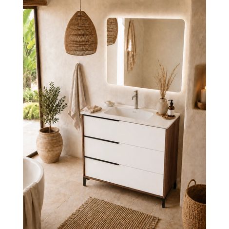 Mobile bagno 80x47 a terra noce bianco opaco lavabo ceramica lucida (1/5)