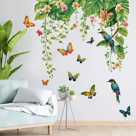 Stickers Muraux Feuilles Plantes Autocollant Murale Suspension Feuilles Tropicales Vertes Fleurs Oiseaux Papillons Décoration Murale pour Salon Chambre Canapé Arrière-plan (1/5)