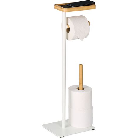 Relaxdays Support pour votre papier toilette, non fixe, fer et bambou, place pour le téléphone, blanc et nature