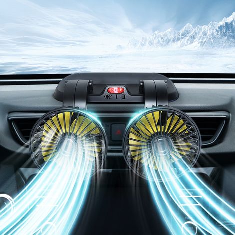 Ventilateur de voiture double tête réglable, connecteur allume-cigare, circulateur d'air multifonction 12V pour véhicules (1/5)