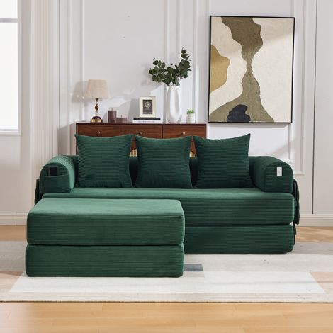 Sofá modular de terciopelo acanalado con puf, 3 cojines y bolsillo lateral, verde esmeralda (1/5)