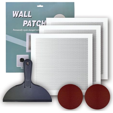 Kit réparation cloison sèche 3 pièces, patch autocollant 12x12 pouces pour trous et fissures. Livré avec papier de verre et grattoir, réparation rapide dégâts muraux (1/5)