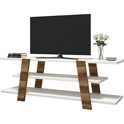 Dmora - Fernsehschrank Doukhadd, Ständer für Wohnzimmerfernseher, Niedriges Wohnzimmer-Sideboard, TV-Ständerbasis, 120x34h42 cm, Walnuss und Weiß