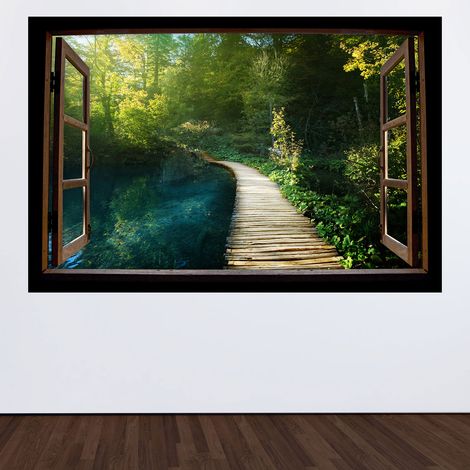 Stickers Trompe l'oeil fenêtre en bois - Chemin forêt - 60 x 90 cm (1/3)