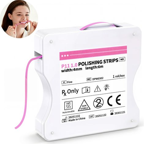 Rollo/caja de 4 mm de ancho con tiras de plástico para pulir los espacios interdentales, destinadas al desgaste, pulido y blanqueamiento de la superficie dental. (1/5)
