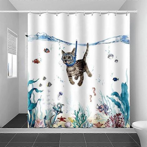 Rideau de bain imperméable - Motif chat plongeur - Polyester résistant - Facile à nettoyer (1/4)