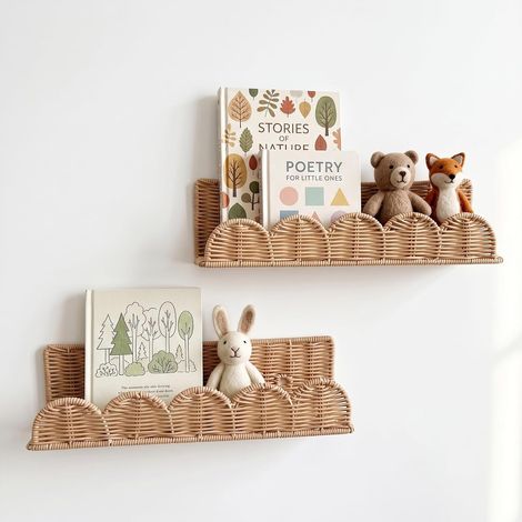 Petites étagères murales en rotin style bohème – Lot de 2, largeur 40 cm, installation facile avec perçage, pour chambre d'enfant, chambre à coucher ou salon (1/5)