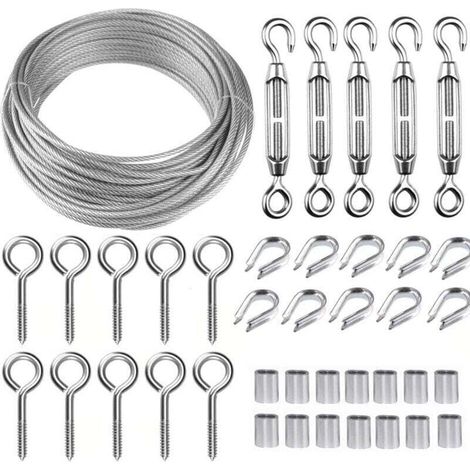 Kit de câble métallique en acier inoxydable de 30 m/2 mm avec tendeur de fil robuste M5, kit de rouleau de fil de clôture, kit de garde-corps de câble, tendeurs de fil de jardin pour plantes grimpante (1/4)