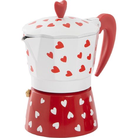 Caffettiera Moka Caffè 3 Tazze in Alluminio Bianca e Rossa con Cuori, Manico Ergonomico (1/5)