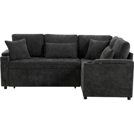 Sofá esquinero cama con chaise longue derecha, almacenamiento, puerto USB y portavasos, gris oscuro (1/5)