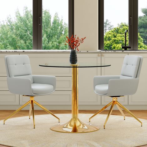 Ensemble table verre 85 cm + 2 chaises PU pivotantes 360° gris clair,structure métallique dorée style contemporain. (1/5)