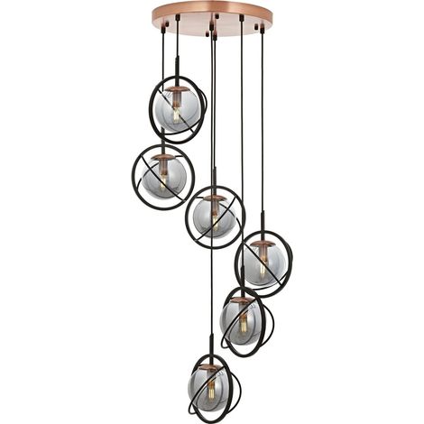 Lustre industriel, corps en métal noir et bronze, hauteur 140 cm, diamètre 40 cm, 6 ampoules E14 max 40 W, éclairage pour les espaces modernes