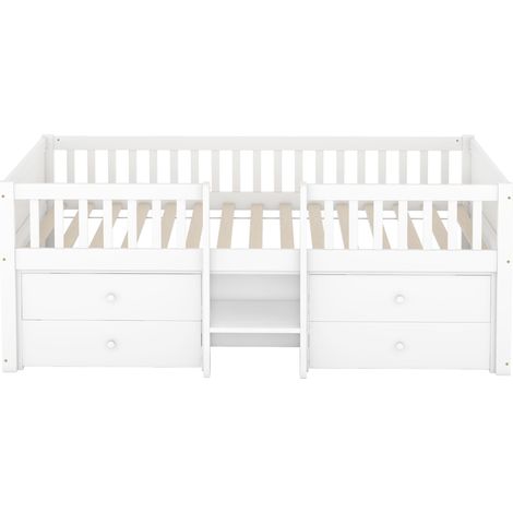 Letto a mezza altezza 90 x 200 cm bianco con 4 cassetti, scala e sponde, pino e MDF (1/5)