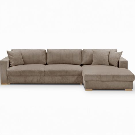 Homifab – Canapé d'angle convertible 5 places en velours côtelé taupe – Couchage 137 x 252 cm – Méridienne à droite – Rangement intégré (1/5)