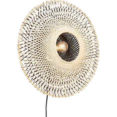 QAZQA Oriental Lámpara de pared inteligente de bambú 50 cm con enchufe incl. Wifi A60 - Rina Bambú /Acero Redonda Adecuado para LED Max. 1 x 7 Watt