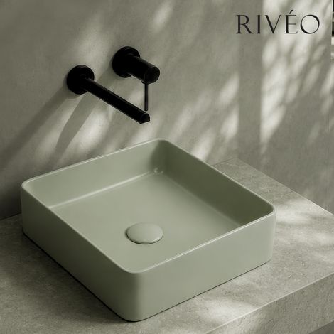 Vasque à poser carré arrondi 36,5 x 36,5 cm vert sauge clair en céramique mate avec bonde clic-clac assortie incluse - Rivéo