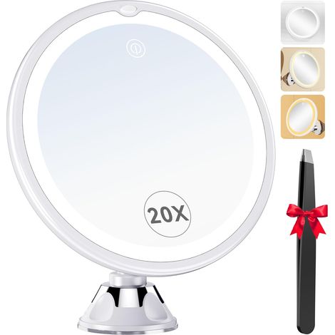 Miroir Grossissant 20X Lumineux à Ventouse, 3 Modes d'Éclairage LED (1/5)