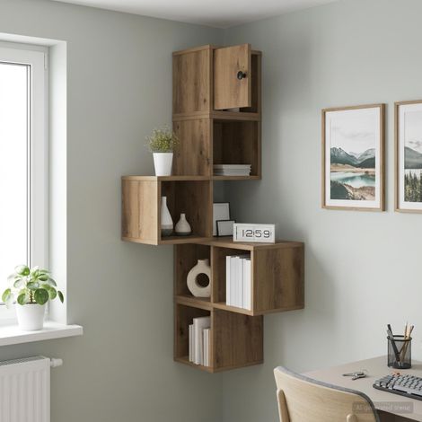 Étagère d’angle murale 7 compartiments en bois d’ingénierie chêne artisanal 48 x 48 x 120 cm - PANGIVO (1/5)
