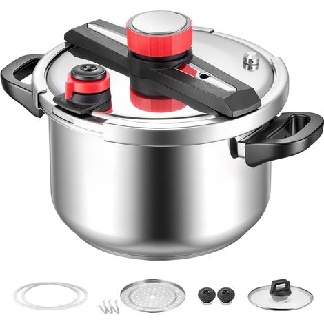 Autocuiseur 9L en acier inoxydable avec panier vapeur, couvercle en verre trempé, 3 réglages de pression (viande, légumineuses, riz, soupes, sauces) jusqu'à 100 kPa. (1/5)