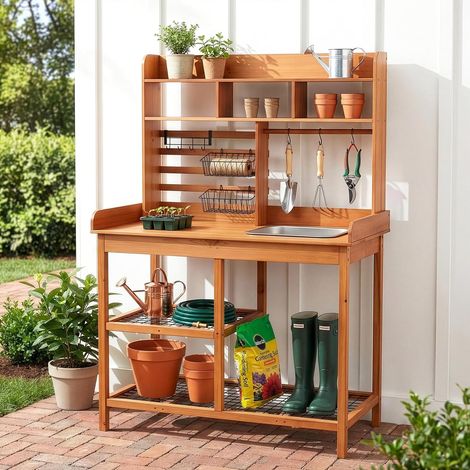 Banc de rempotage, table de rempotage nordique en pin écossais avec plateau coulissant, évier amovible, poste de travail pour extérieur, terrasse, pelouse, poste de travail de jardin en bois (1/5)