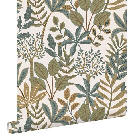 papier peint feuilles bleu grisâtre, vert olive grisé et jaune ocre - ESTAhome (1/5)