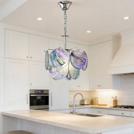 Suspension E14 en verre irisé, ornée d'un motif coquillage coloré, avec chaîne ajustable de 150 cm, éclairage tricolore et diamètre de 32 cm. (1/5)