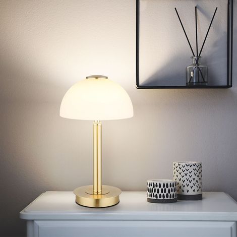 Lampe de table LED Touch Lampe de table Touchdimmer Lampe de chambre à coucher laiton verre opalin, métal, 7W 255Lm blanc chaud, DxH 18x31,5 cm