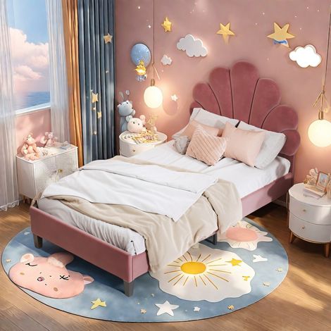 Letto imbottito con testiera a forma di fiore e rete a doghe - 90x200 cm, letto singolo in tessuto Velet per bambini, senza materasso (1/5)