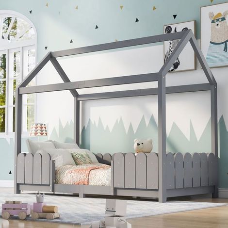 Lit Cabane Enfant 90x200 cm - Gris Bois MDF Barrière Protection - Lit Enfant - Forme Maison Ludique Toit - Sommier à lattes (1/5)