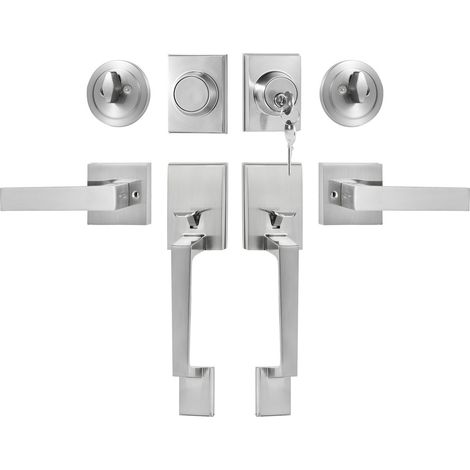 Ensemble poignee double porte levier reversible satin nickel carre robuste avec dummy pour entree bureau serrure (1/5)