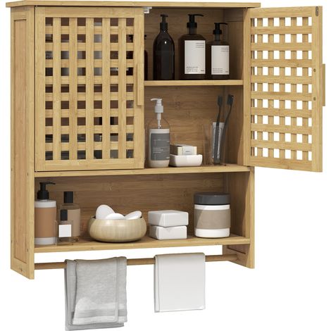 HOMCOM armario de baño de pared de bambú, mueble de baño colgar con 2 puertas de celosía, estante abierto y estante ajustable, para cocina, natural (1/5)