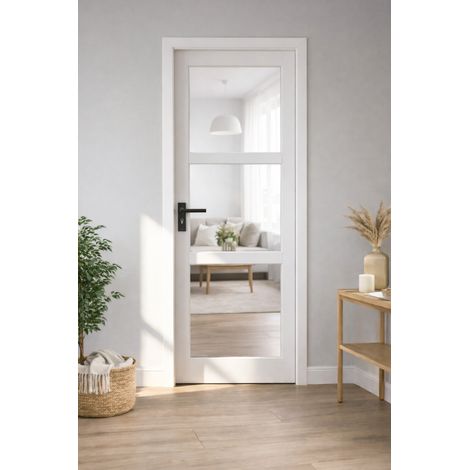 Blocco Porta Kenya Vetro Trasparente Bianco H204 x L83 Pannello Nervatura Spinta Destra + Maniglia