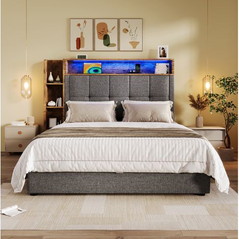 Cama tapizada 90x200 con almacenaje LED y USB-C OKMYHOME (1/5)