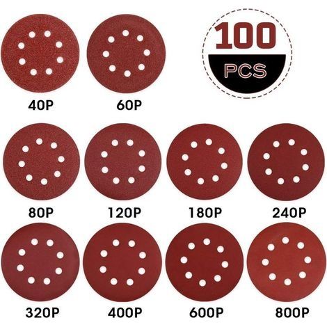 Disque de Ponçage Papier Abrasif 125 mm 100 PCS Disques Abrasifs 40/60/80/120/180/240/320/400/600/800 Idéal pour Poncer/Polir/Dérouiller (1/5)