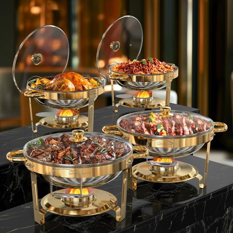 4pcs 5QT Gold Chafing Dishes for Buffet, 4,7L Stainless Steel Round Chafers and Buffet Warmers Sets with Glass Lid & Lid Holder, for Catering Events, Parties
