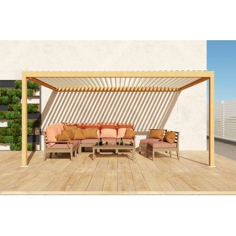 Pergola Bioclimatique Aluminium Adossée Aspect Bois 5x3 Manuelle S ORIAL France (1/5)