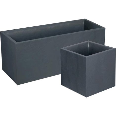 EDA – Pack de 2 jardinières rectangulaire 100 x 40 x 43,5 cm et carrée 40 cm – Polypropylène gris anthracite – Système de rétention d'eau