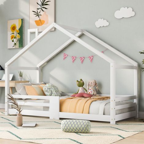 Letto per bambini in legno massello bianco 90x200 cm, casetta con protezione anticaduta e rete a doghe