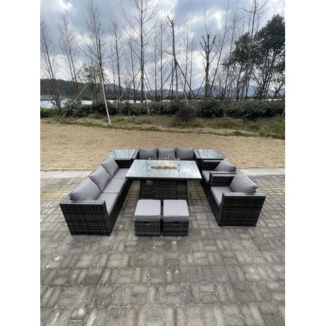 Fimous 10 Sitzer Outdoor Rattan Gartensofa Set Gartenmöbel Gas Feuerstelle Tisch Set Esstisch mit Hockern Dunkelgrau Gemischt (1/4)