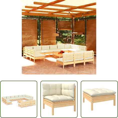 Terrassensofa -  14-tlg. Garten-Lounge-Set mit Creme Kissen Massivholz Kiefer (1/5)