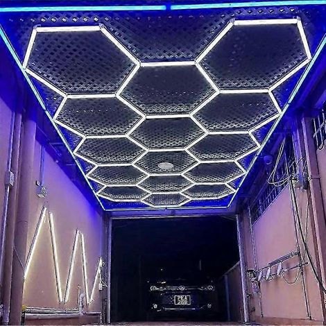Luminaire LED alvéolé personnalisé de 3,6 x 7,2 m avec bordure bleue, de forme hexagonale, pour garage, atelier de detailing automobile, showroom ou atelier ( ) (1/5)