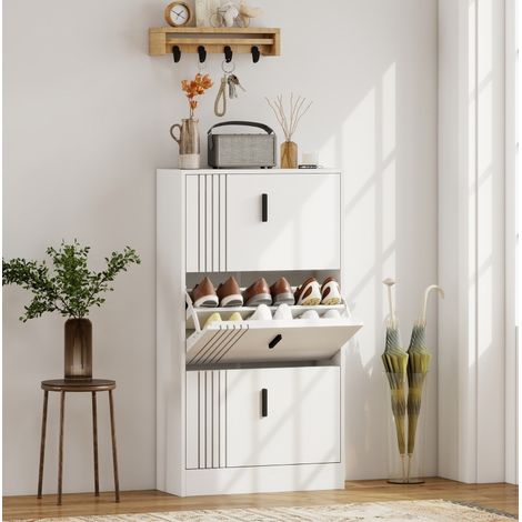 MEUBLIV Schuhschrank 63 x 24 x 117 cm Weiß MDF, 3 Klappen, platzsparend (1/5)