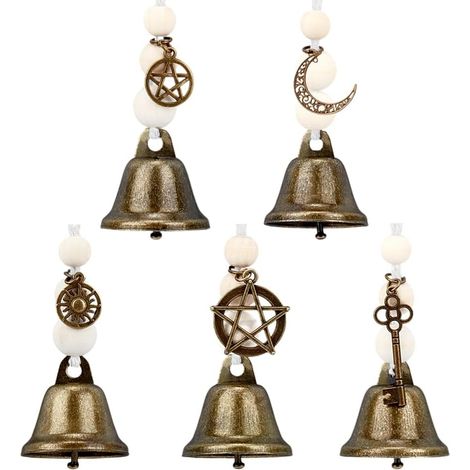5pcs Witch Bells with Wooden Beads for Door Handle Hanging Witchcraft Bells Beaded Witch Bells Decoration for Room Decoration, Antique Bronze (1/5)