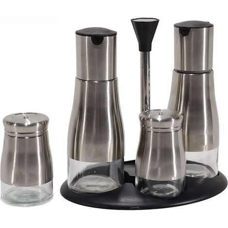 Oliera da tavolo 4 dosatori olio aceto sale pepe con stand in vetro acciaio Oliera e Acetiera menage a servire Sale e Pepe Cucina casa Ristorante elegante (1/5)