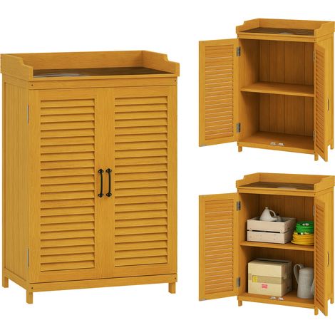Outsunny Gartenschrank Holz, Geräteschuppen mit Arbeitsfläche, wetterfest Geräteschrank, 65,5x40x98,5cm, Gerätehaus mit Lamellentür, Ablagen, Werkzeugschrank Gartenschuppen für Garten, Terrasse, Gelb (1/5)