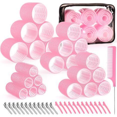 Fer à friser Ensemble de fers à friser auto-adhésifs 4 tailles - 50 bigoudis extra larges pour cheveux longs, cheveux courts et franges (25 mm, 36 mm, 48 mm, 60 mm), avec pinces, rose. (1/5)