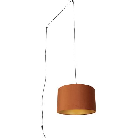 QAZQA Pendelleuchte schwarz mit Stecker und orangefarbenem Schirm