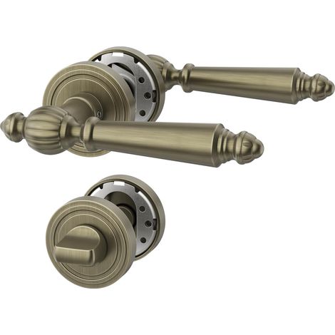 Poignée de porte intérieure bronze vert avec rosace ronde, ensemble béquille WC avec condamnation, design classique pour salle de bain et toilettes UK0100 (1/5)